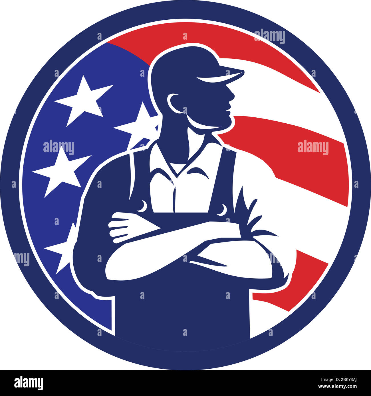 Illustration d'un fermier américain biologique portant chapeau et salopette bras pliés regardant sur le côté avec les étoiles et rayures USA drapeau mis à l'intérieur du cercle Illustration de Vecteur