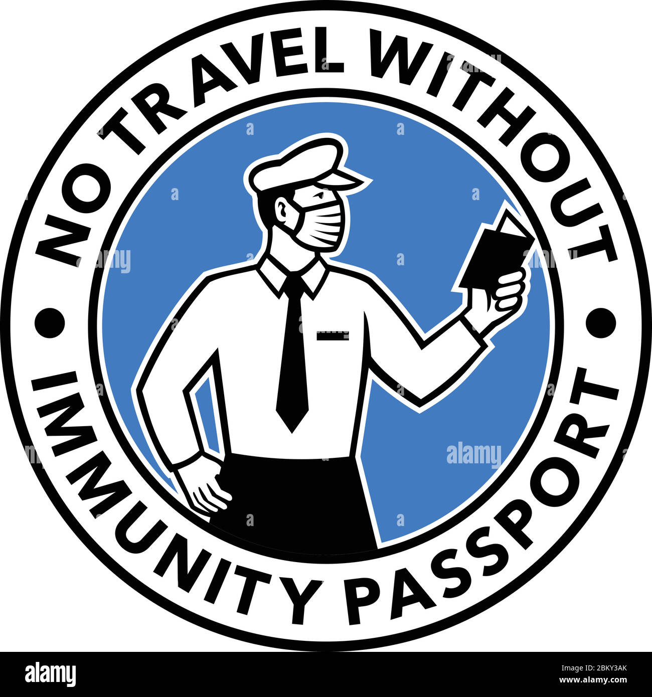 Icône rétro illustration d'un agent de sécurité ou d'immigration de contrôle des frontières regardant inspecter un visa avec les mots "pas de voyage sans immunité pas Illustration de Vecteur