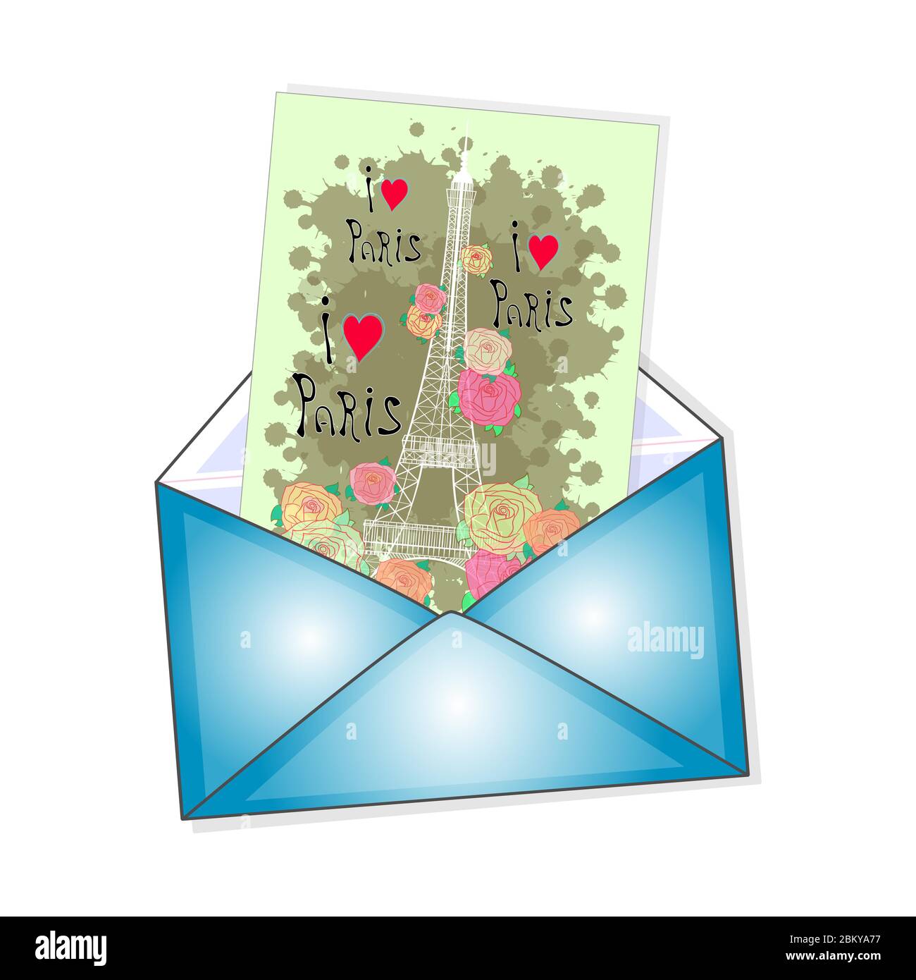 une enveloppe avec la carte postale. j'aime paris. illustration vectorielle sur fond blanc. Illustration de Vecteur