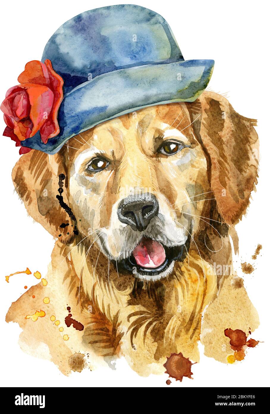 Joli chien dans un chapeau gris avec une fleur rouge. Motifs pour t-shirt à motif chien. Illustration de l'aquarelle Golden Retriever Banque D'Images