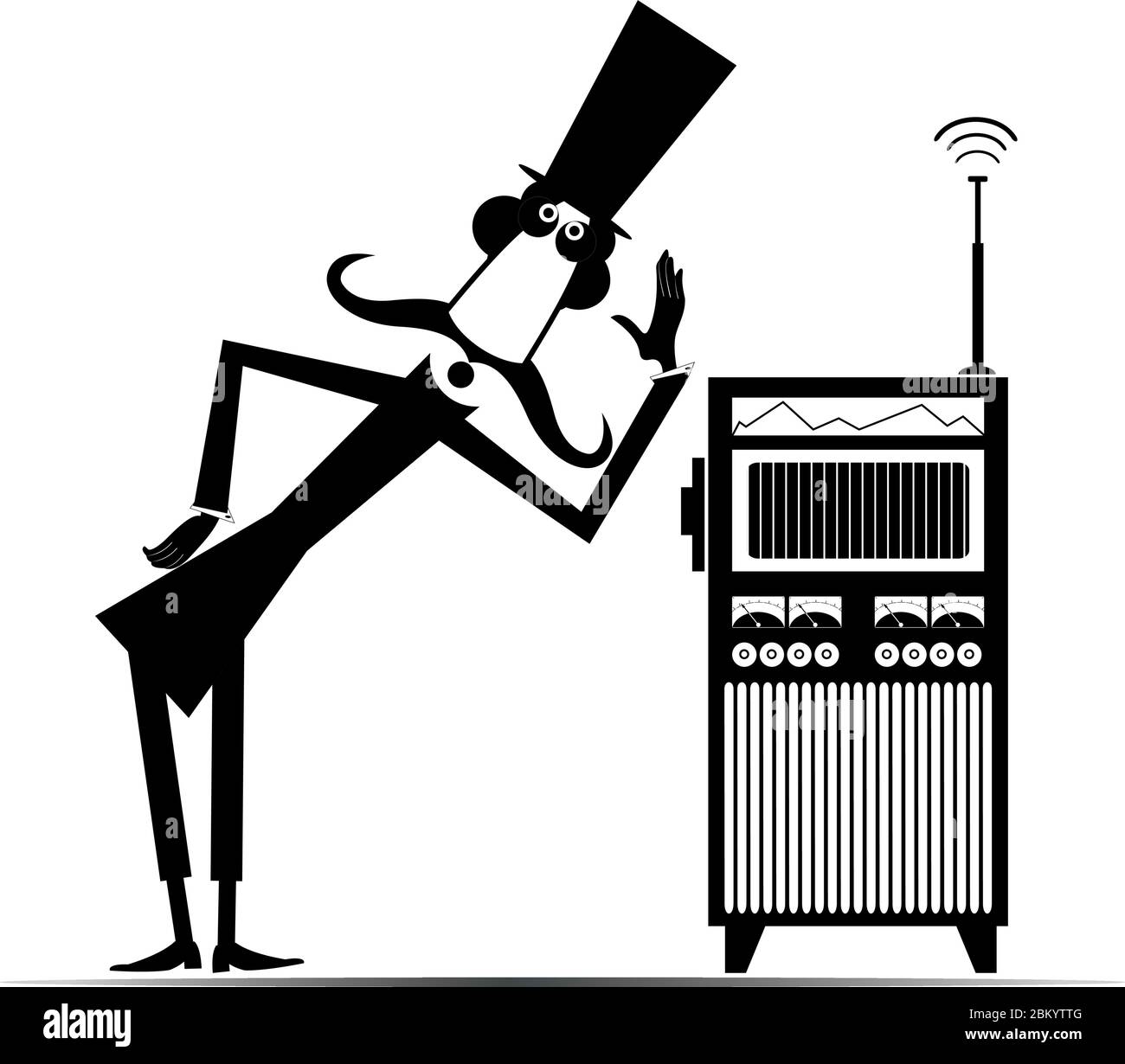 Drôle de moustache homme dans le chapeau est à l'écoute de la musique ou des programmes par radio vintage noir sur blanc Illustration de Vecteur