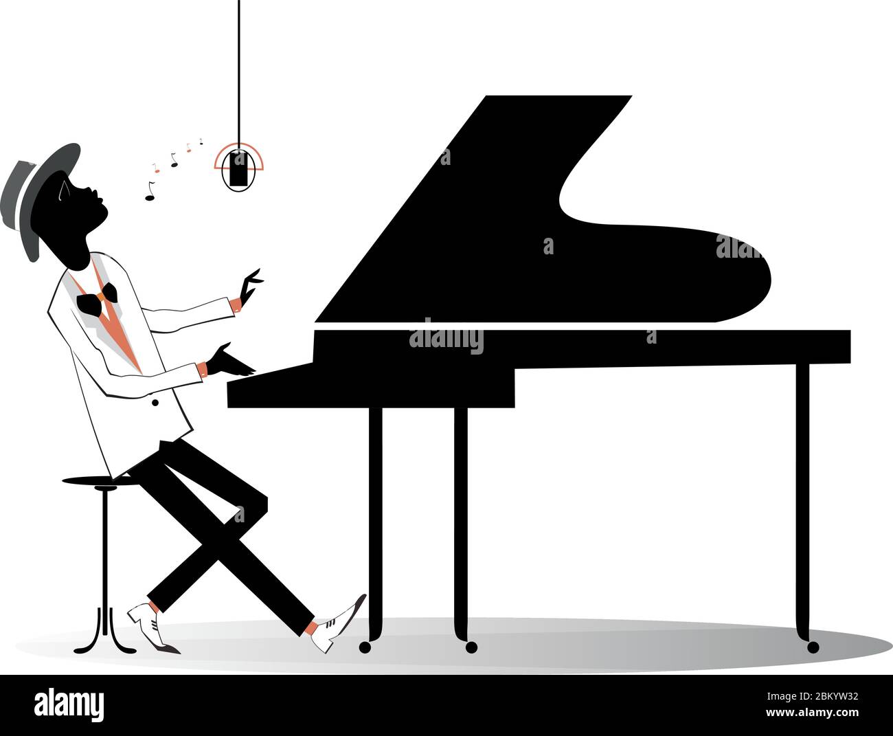Illustration d'un pianiste africain. Le musicien afro-américain joue du piano avec inspiration isolée sur le blanc Illustration de Vecteur