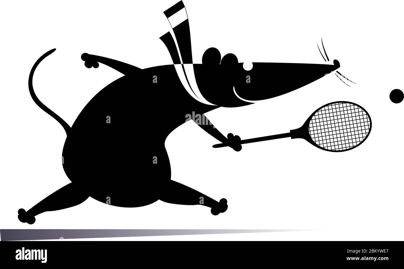 Drôle de rat ou de souris joue l'illustration de tennis. Dessin animé rat ou souris joue au tennis isolé sur blanc Illustration de Vecteur
