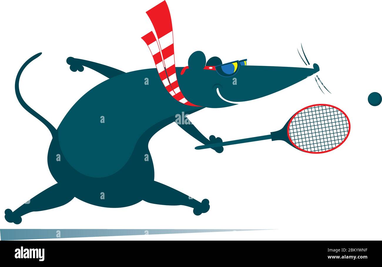 Drôle de rat ou de souris joue l'illustration de tennis. Dessin animé rat ou souris joue tennis noir sur blanc Illustration de Vecteur