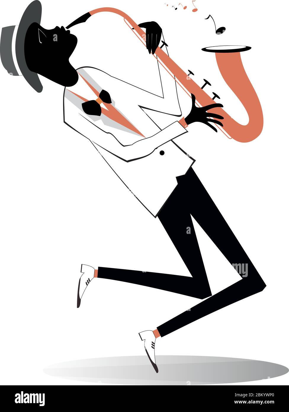 Illustration saxophoniste afro-américaine. Le saxophoniste afro-américain joue de la musique avec une grande inspiration isolée sur le blanc Illustration de Vecteur