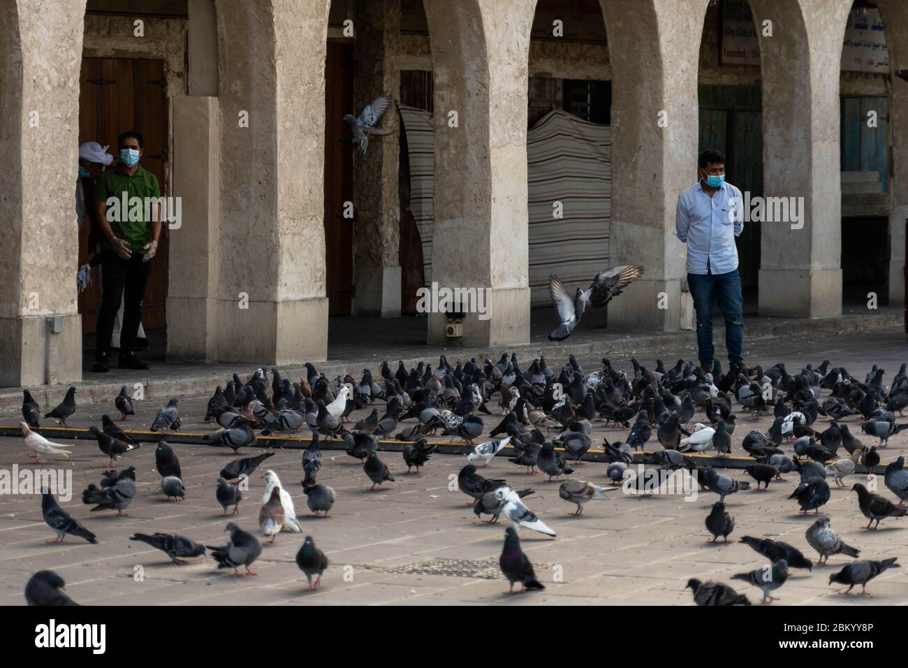 Pigeons dans une place vide du Souq Waqif au Qatar, après que les autorités aient imposé des mesures restrictives pour aider à faire la courbe de la propagation du nouveau coronavirus Banque D'Images