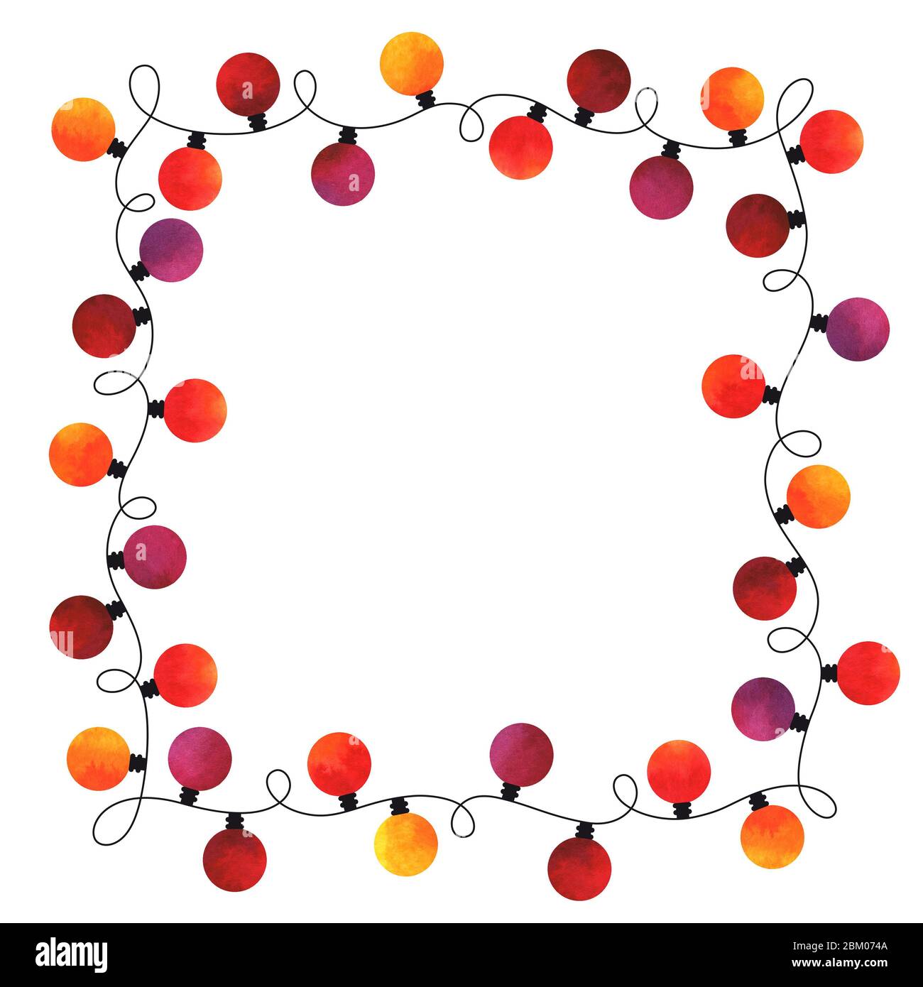 Guirlande électrique de fête peinte à la main à l'aquarelle avec des éclairages colorés isolés sur fond blanc Banque D'Images