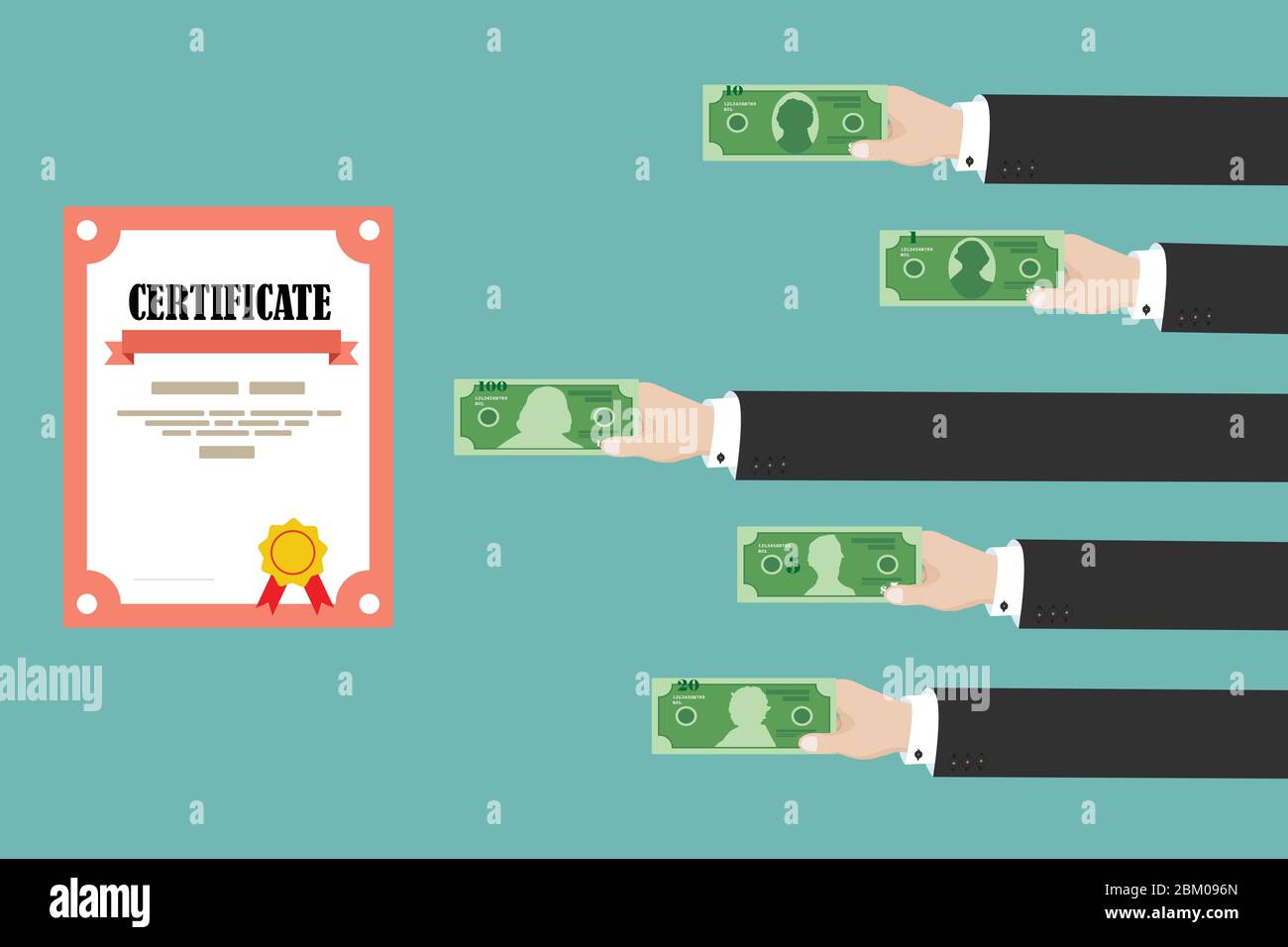 Diplôme d’achat des mains de l’homme. Corruption scolaire. Illustration vectorielle plate Illustration de Vecteur