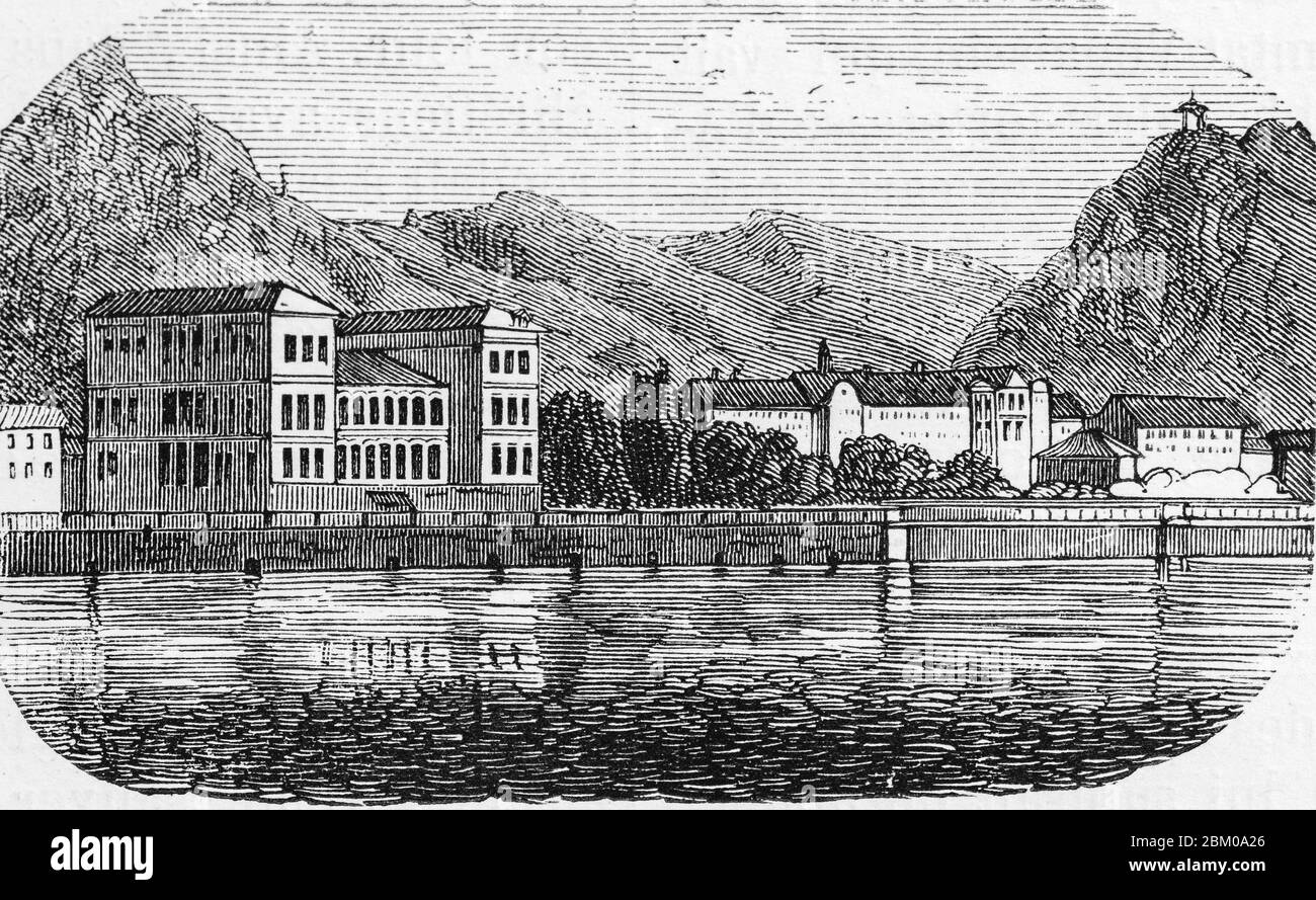 EMS, Bad EMS sur la rivière Lahn, Rhénanie-Palatinat, Allemagne, le Rhin par Victor Hugo, Paris vers 1843 Banque D'Images