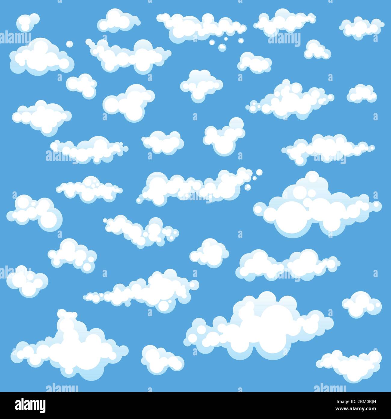 Ensemble de dessins animés nuages de différentes formes isolés sur fond bleu. Illustration vectorielle en conception plate. Illustration de Vecteur