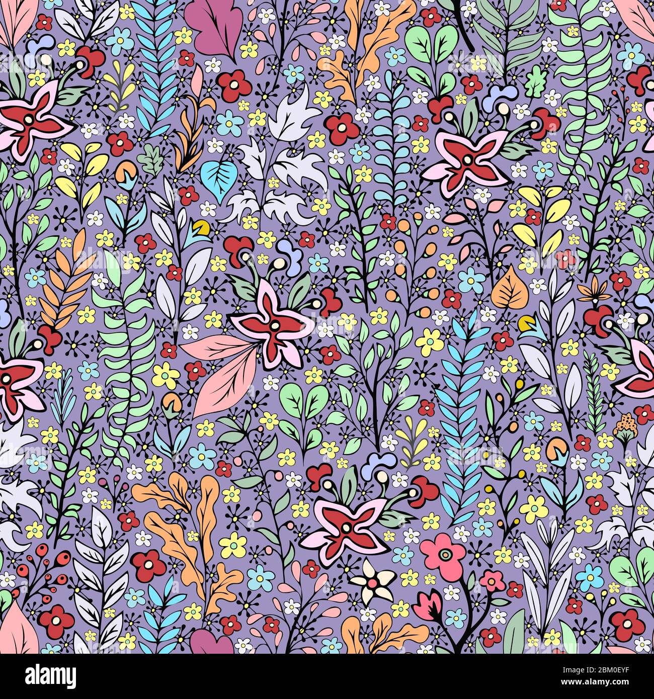 Motif fleuri coloré sans couture, fleurs dessinées à dessin animé, fond naturel exotique, dessin à la main. Branches, bourgeons, pétales et branches de plantes multicolores Illustration de Vecteur