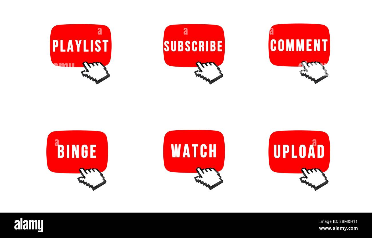 Vidéo uploader vlogger symbole kit avec appel à l'action comme s'abonner et télécharger Banque D'Images