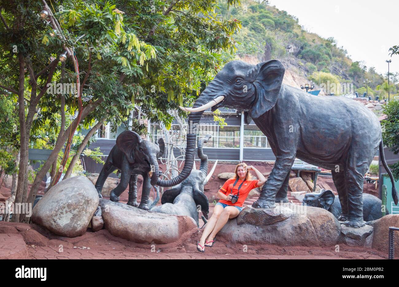 Femme avec caméra rester près de grands pas de vrais elefants dans le parc. Banque D'Images