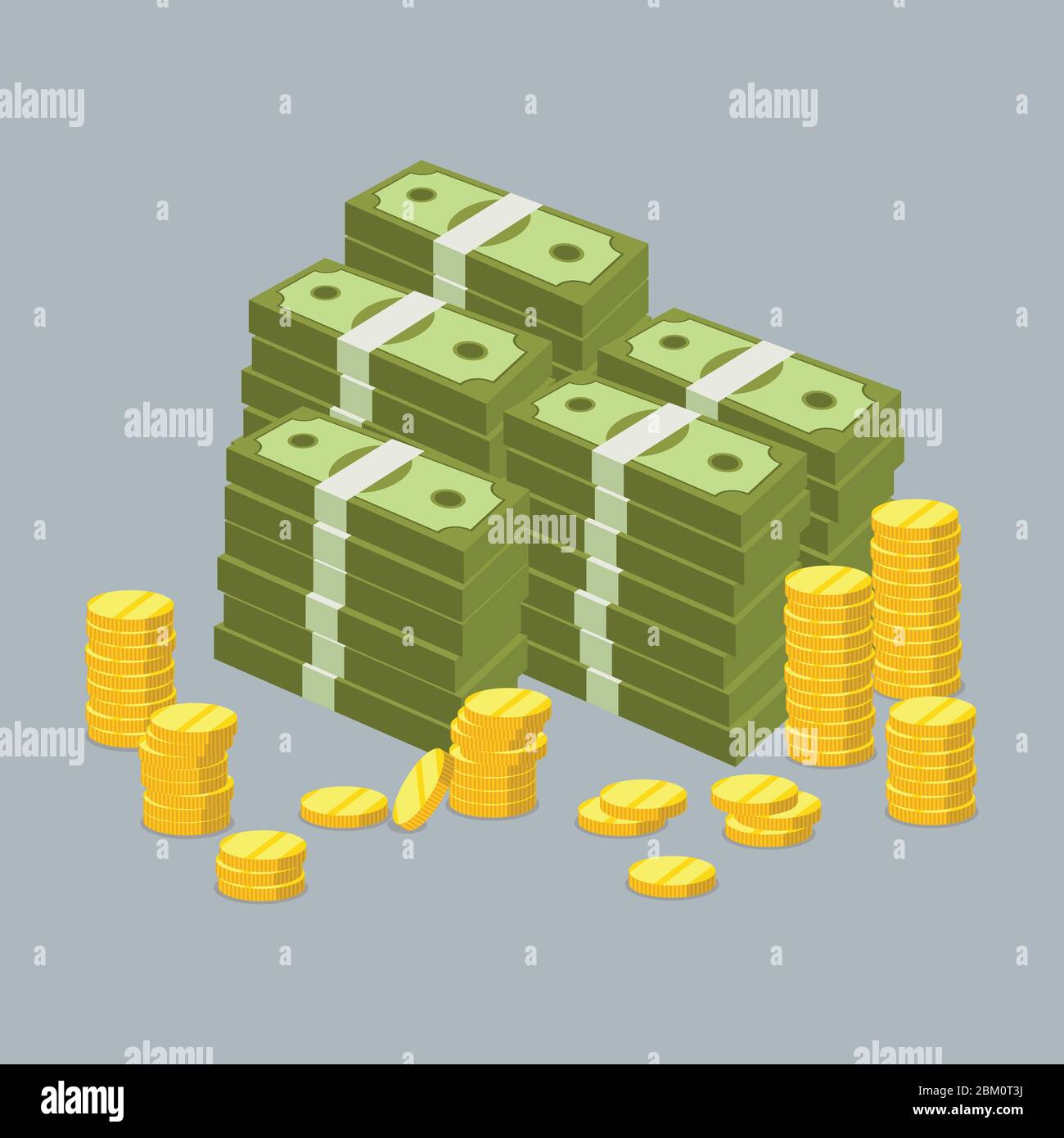 Collection de pièces et billets en dollars, monnaie monétaire, monnaie de dessin animé. Illustration de vecteur de paquets de dollars, de pièces. Conception plate Illustration de Vecteur