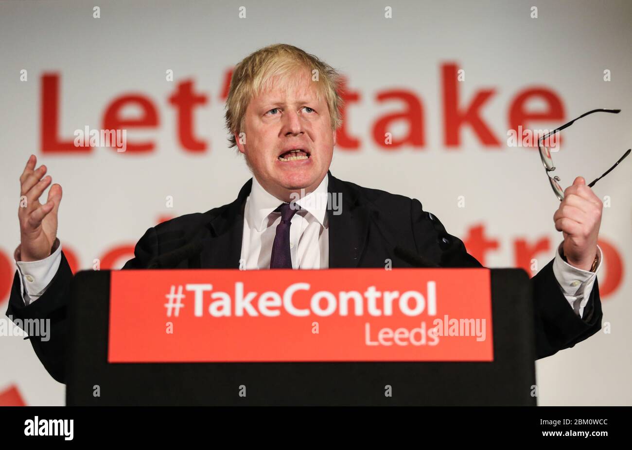 Boris Johnson, député conservateur et maire de Londres, parle lors d'un congé de vote à Leeds, dans le West Yorkshire. Faire campagne pour le référendum, qui va de Banque D'Images