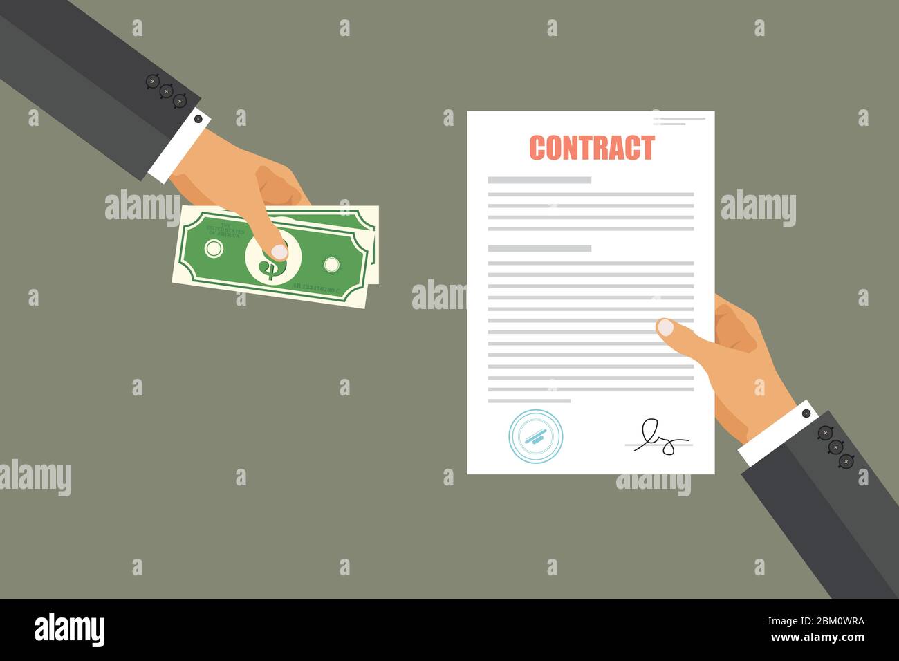 Concept de pot-de-vin contractuel. L'homme d'affaires paie pour le contrat. Corruption dans les affaires Illustration de Vecteur