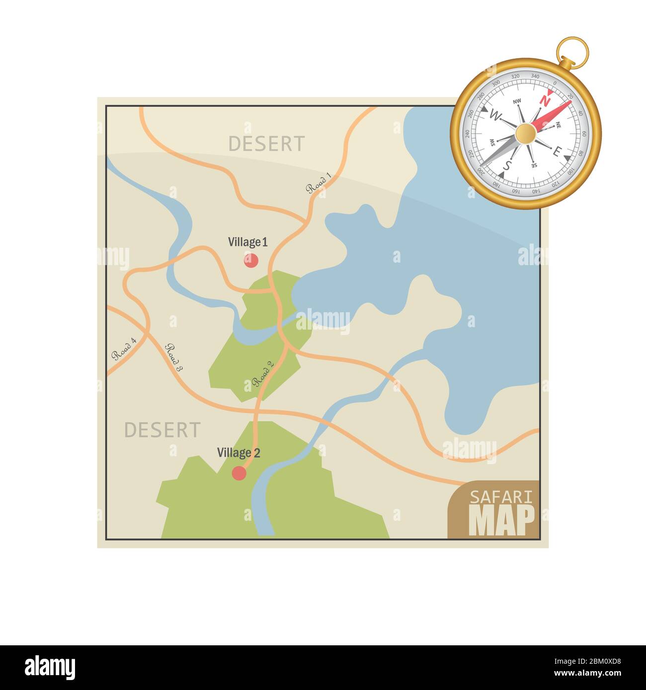 Carte Safari et illustration vectorielle de compas magnétique isolée sur fond blanc Illustration de Vecteur