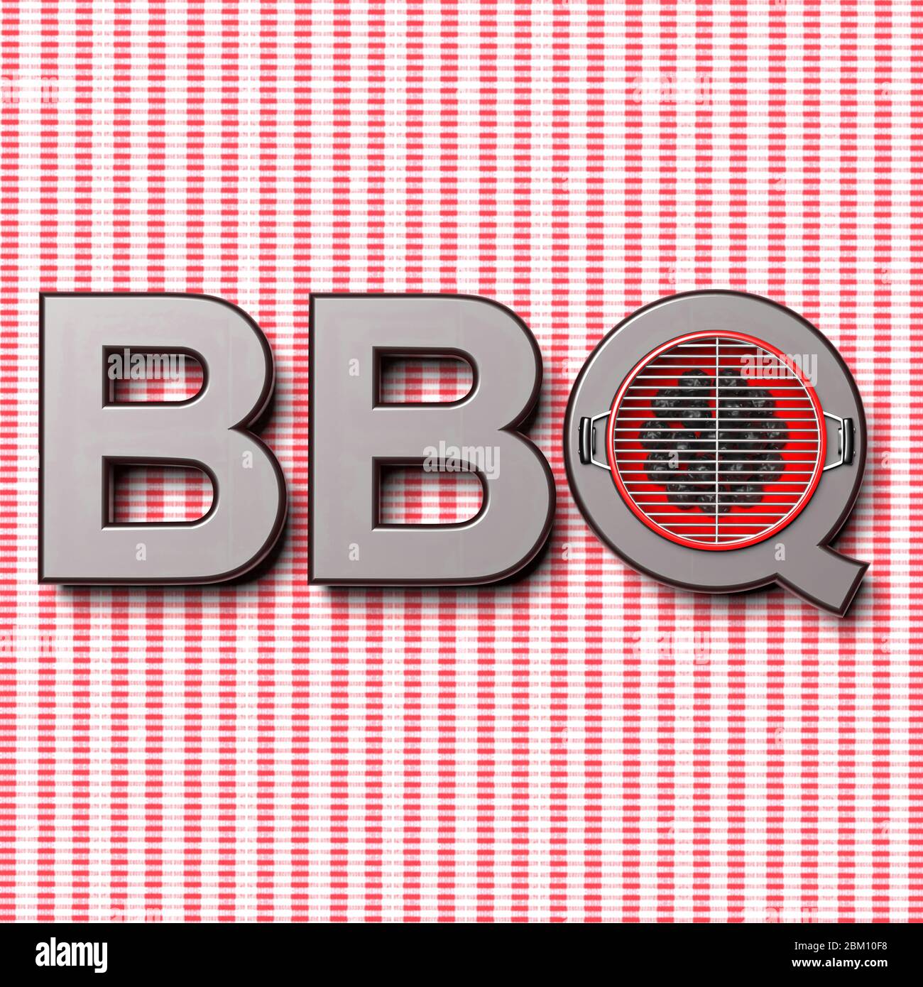 Pique-nique barbecue, barbecue grill, barbecue extérieur concept de viande. Lettres de texte sur fond rouge blanc quadrillé de nappe. illustration 3d Banque D'Images