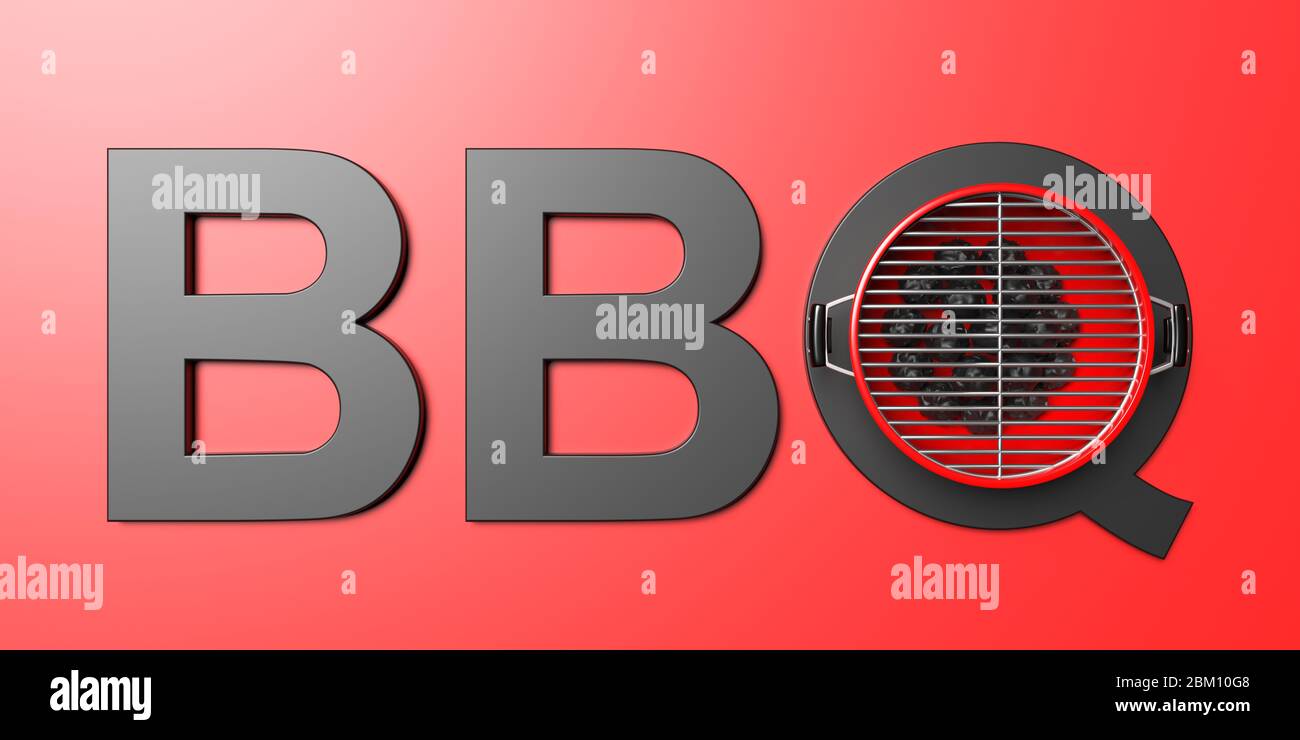 Texte barbecue sur fond rouge. Barbecue avec charbons, cuisine, barbecue extérieur concept de viande. illustration 3d Banque D'Images