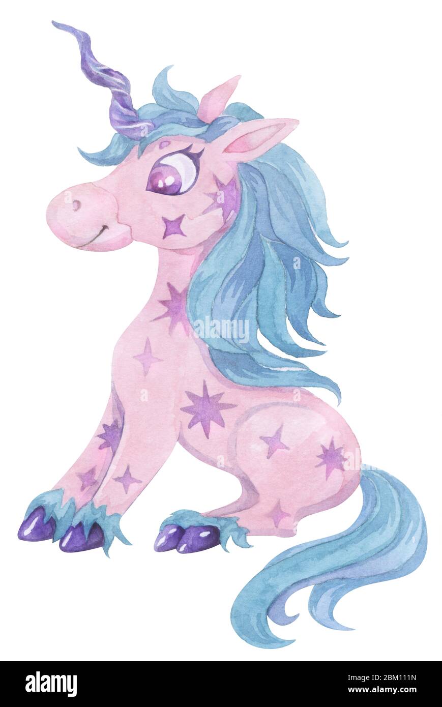 licorne magique et mignon. Aquarelle isolée sur fond blanc. Illustration romantique pour les enfants. Banque D'Images