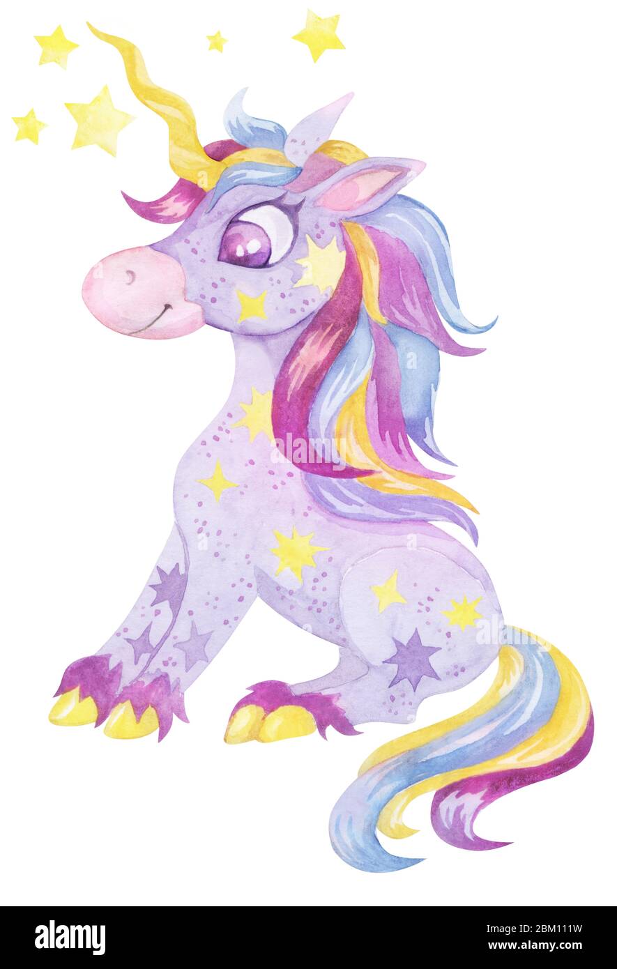 licorne magique arc-en-ciel. Aquarelle isolée sur fond blanc. Illustration romantique pour les enfants. Banque D'Images