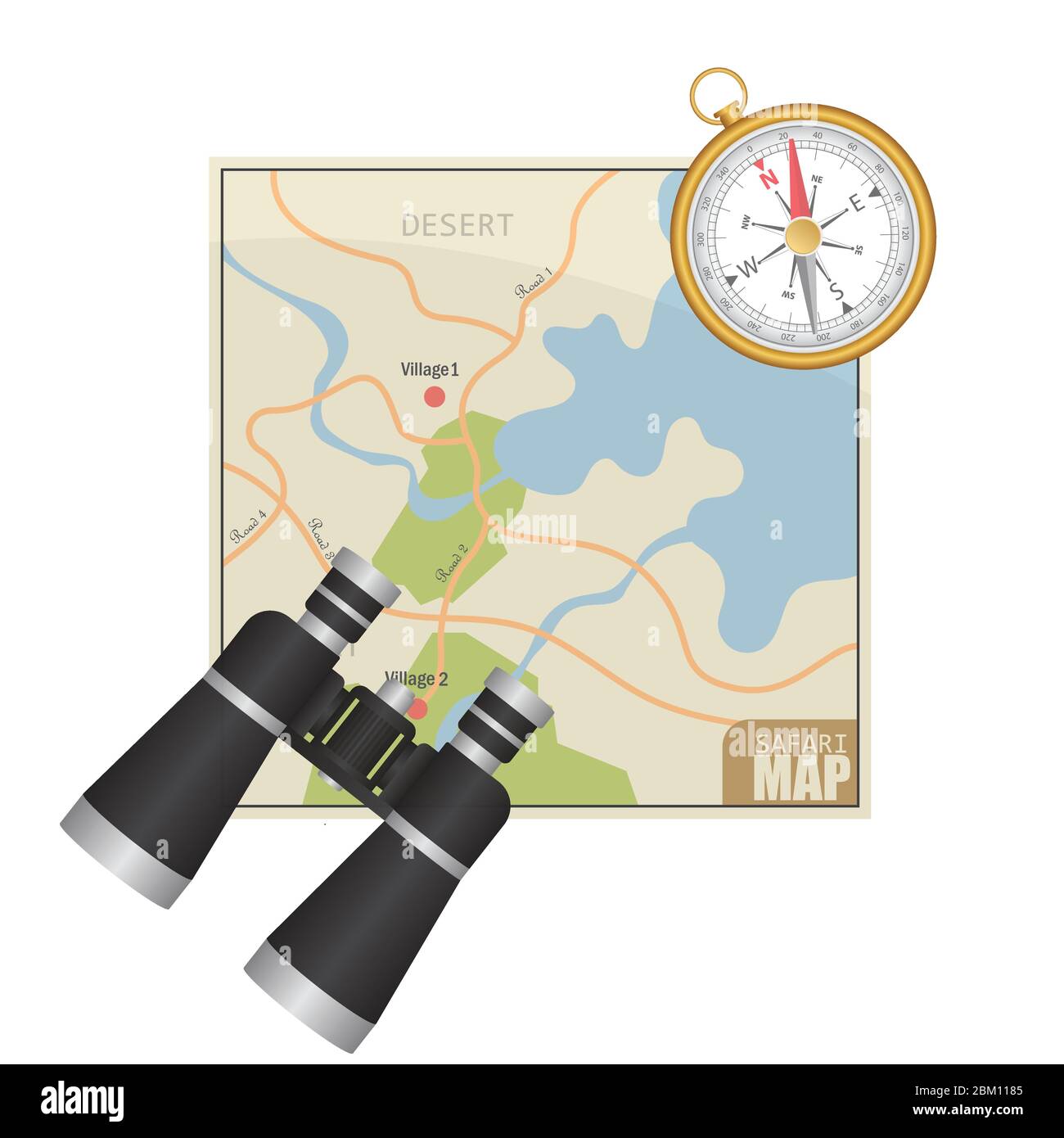 Carte Safari, jumelles et illustration vectorielle avec compas magnétique isolée sur fond blanc Illustration de Vecteur