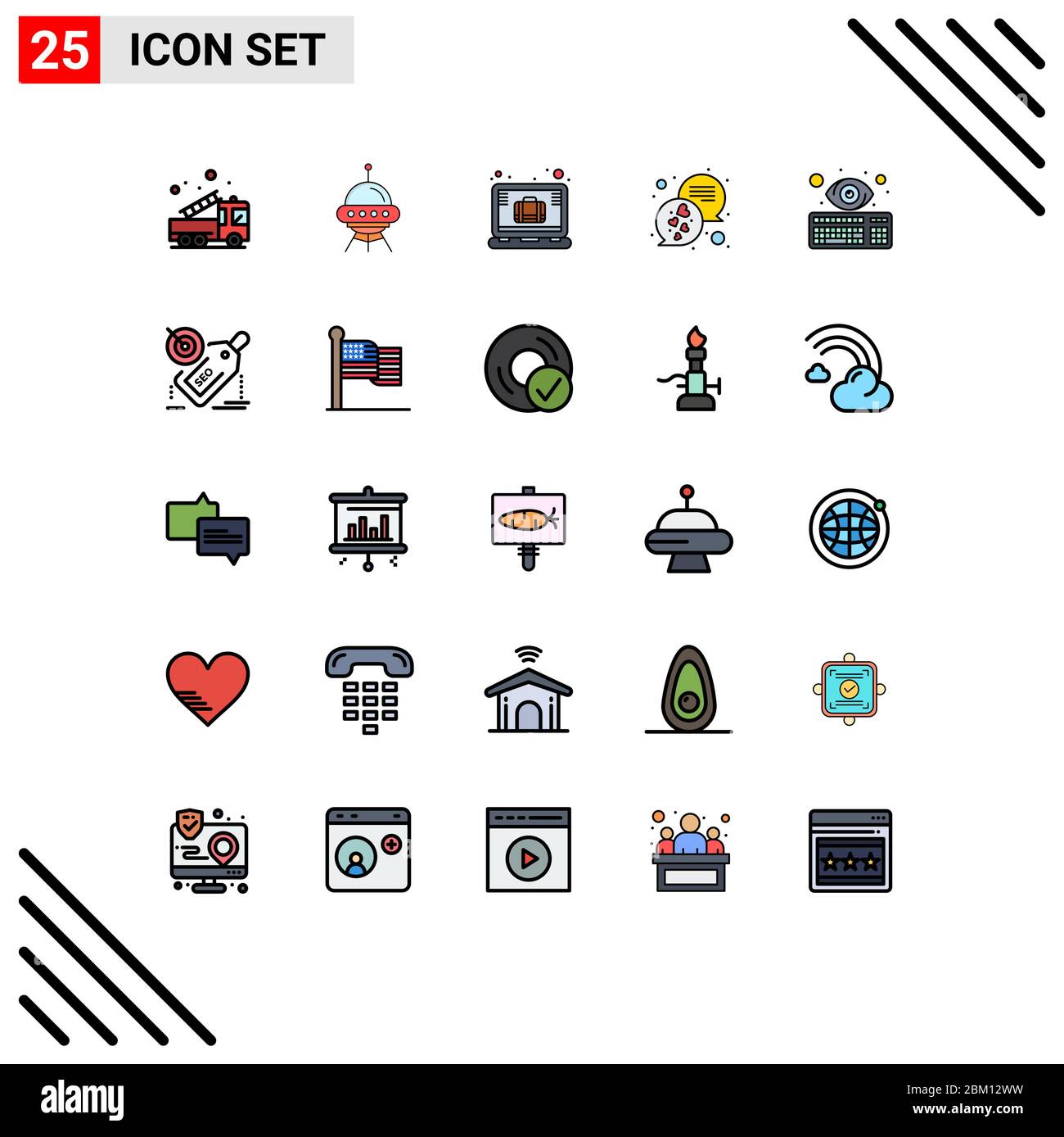 Symboles d'icône universels Groupe de 25 lignes modernes remplies couleurs plates de texte, amour, fusée, chat, portable modifiable Vector Design éléments Illustration de Vecteur