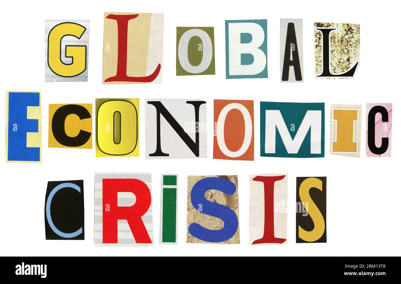 Texte de crise économique mondiale, composé de coupures de presse isolées sur fond blanc. Banque D'Images