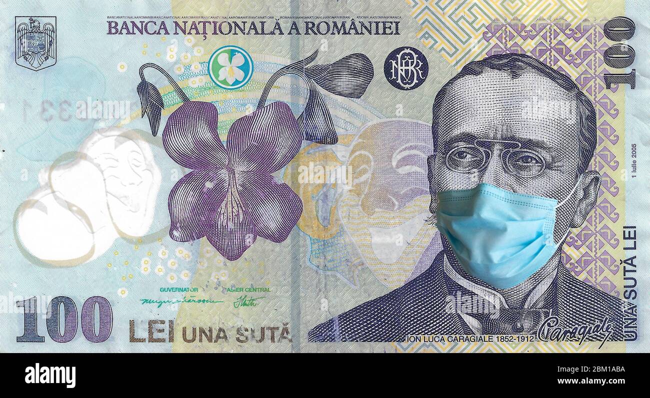 COVID-19, pandémie du coronavirus du cov-sras-2 en cours de trituration financière en Europe, une centaine de léi roumains avec Caragiale portant un masque de protection Banque D'Images