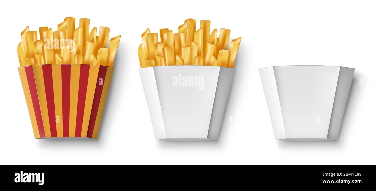 Pommes de terre frites dans boîte en papier, isolées. Boîte à emballage réaliste avec frites et vide. Bannière fast food. Illustration vectorielle Illustration de Vecteur Pommes de terre frites dans boîte en papier, isolées. Boîte à emballage réaliste avec frites et vide. Bannière fast food. Illustration vectorielle Illustration de Vecteur