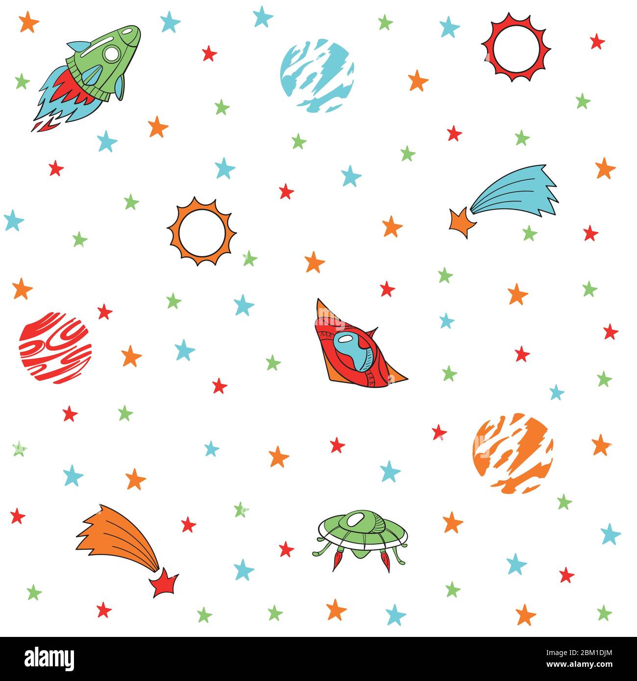 Bande dessinée soucoupes volantes colorées, OVNIS, satellite, comètes et étoiles dans l'espace sur un fond blanc. Motif vectoriel de couleur sans couture Illustration de Vecteur