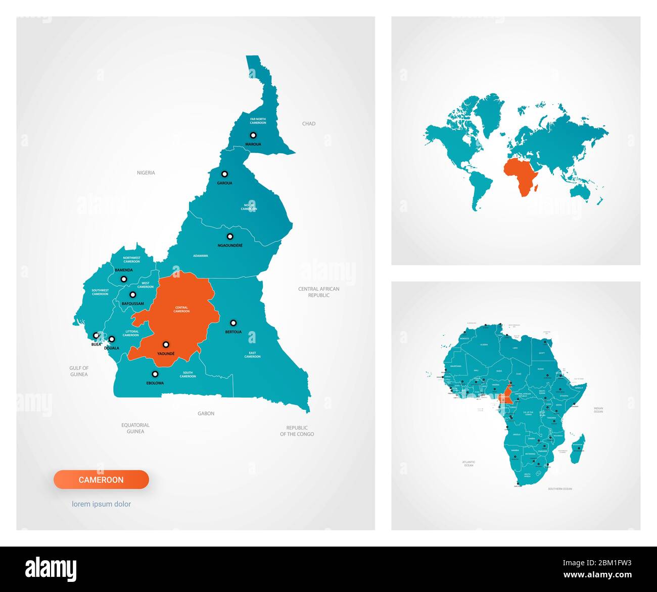 Modèle de carte du Cameroun modifiable avec des marques. Cameroun sur ...