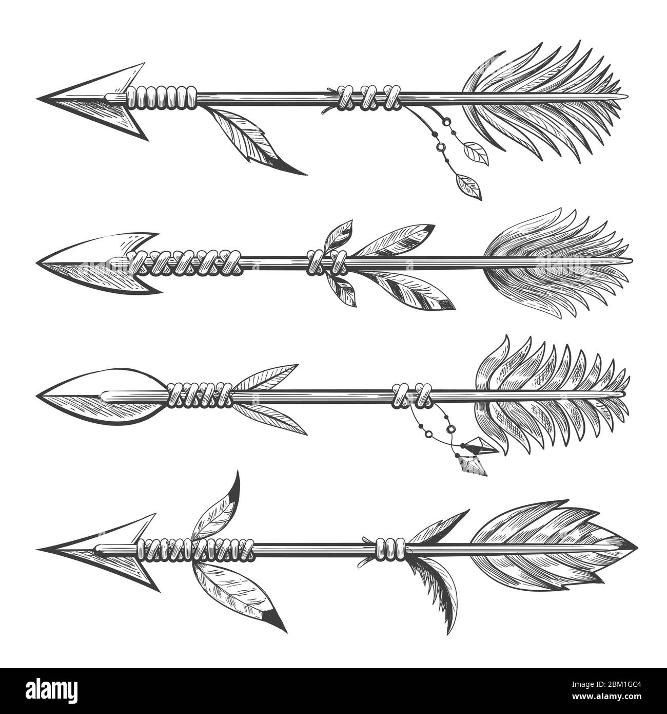 Flèche de nativité vintage dessinée à la main avec des plumes. Signes ésotériques indiens de style tatouage isolés sur fond blanc. Illustration vectorielle Illustration de Vecteur