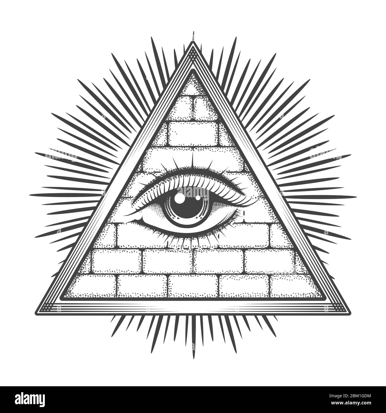 Tous les yeux de voir dans la pyramide dessiné dans le style Tattoo. Symbole ésotérique Freeason isolé sur blanc. Illustration vectorielle. Illustration de Vecteur