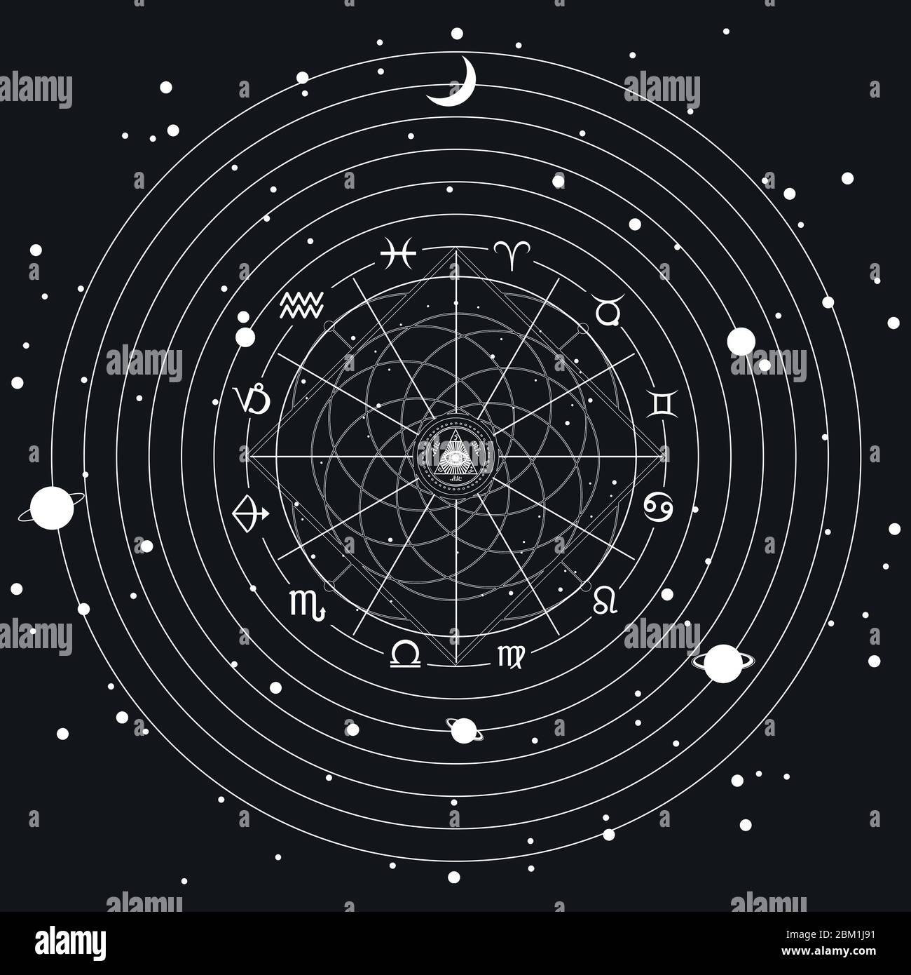 Signes cosmiques mystiques minimalistes, arrière-plan ésotérique. Projection de roue astrologique avec symboles du zodiaque. Horoscope prévisions futures, consultation s Banque D'Images