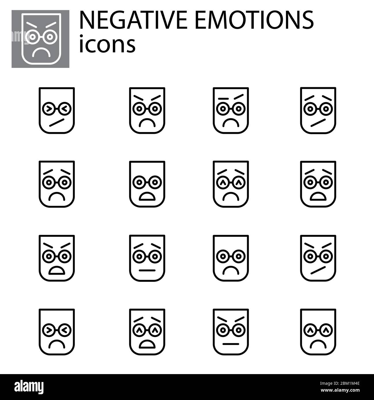 négatif emotions définir vecteur linéaire icône. Signe vecteur d'émoticône d'expression faciale négative, symbole noir sur fond blanc Illustration de Vecteur