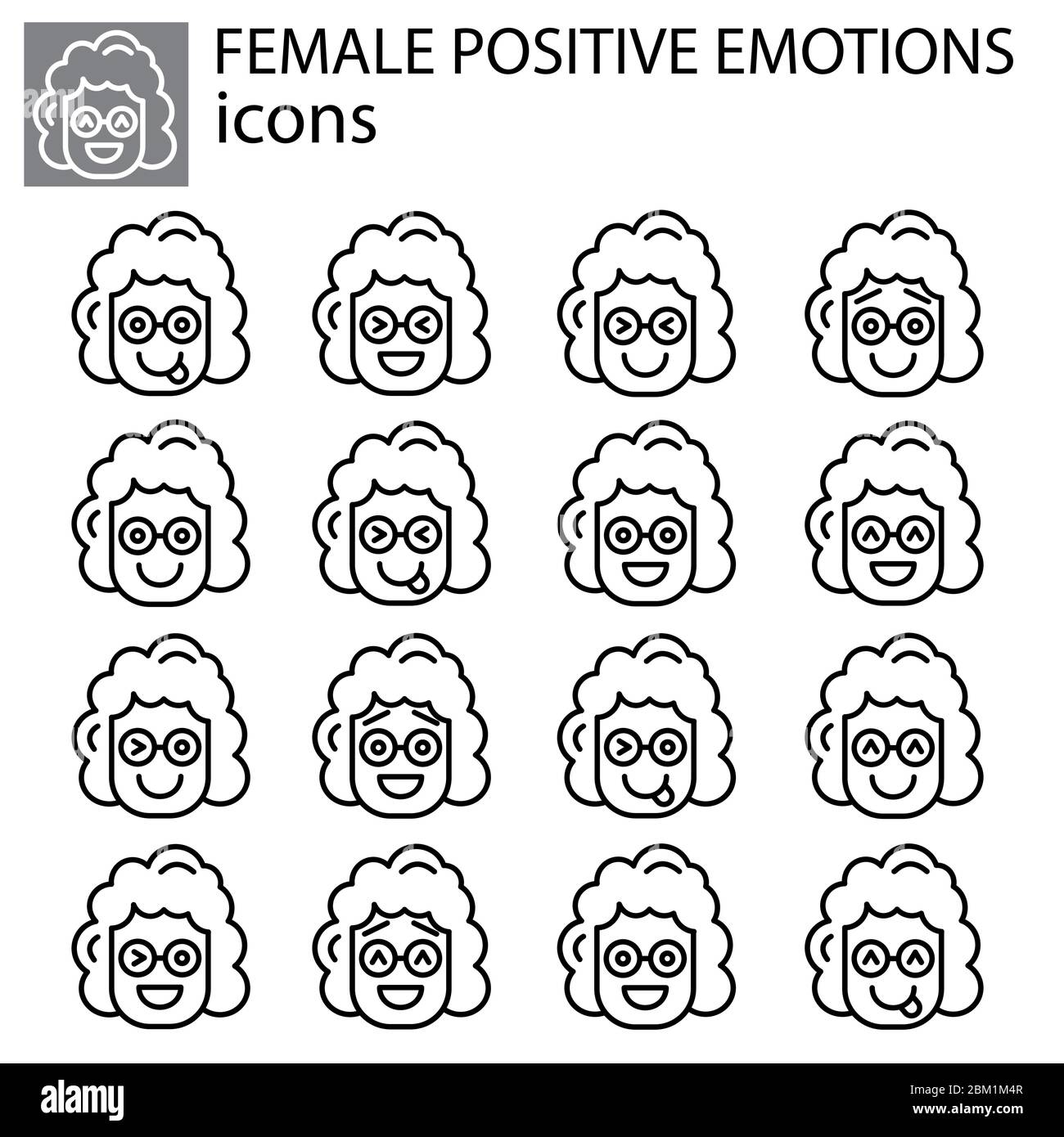 emotions positives ensemble vecteur femelle, fille icône linéaire. expression faciale positive émoticône signe vecteur, symbole noir sur fond blanc Illustration de Vecteur