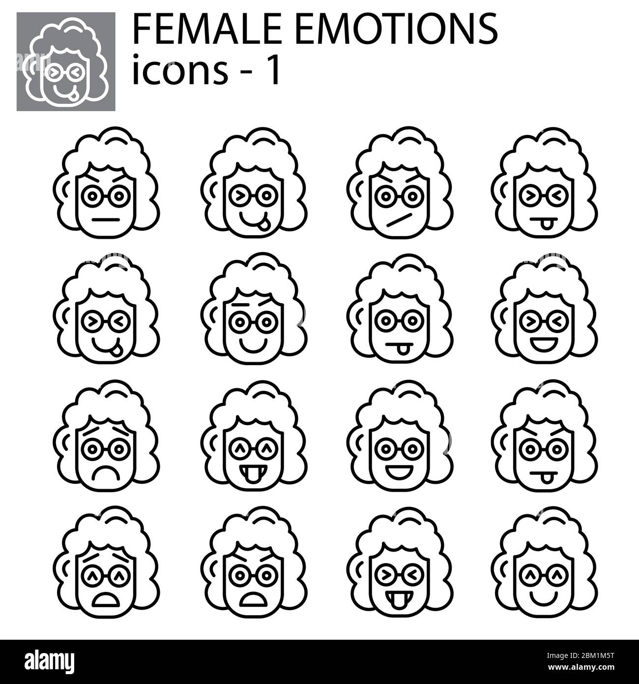 Jeu d'icônes vectorielles créatives - Emoticons femme. Ensemble d'icônes de fille smiley: Différentes émotions. Icônes vectorielles de smiley visages Illustration de Vecteur