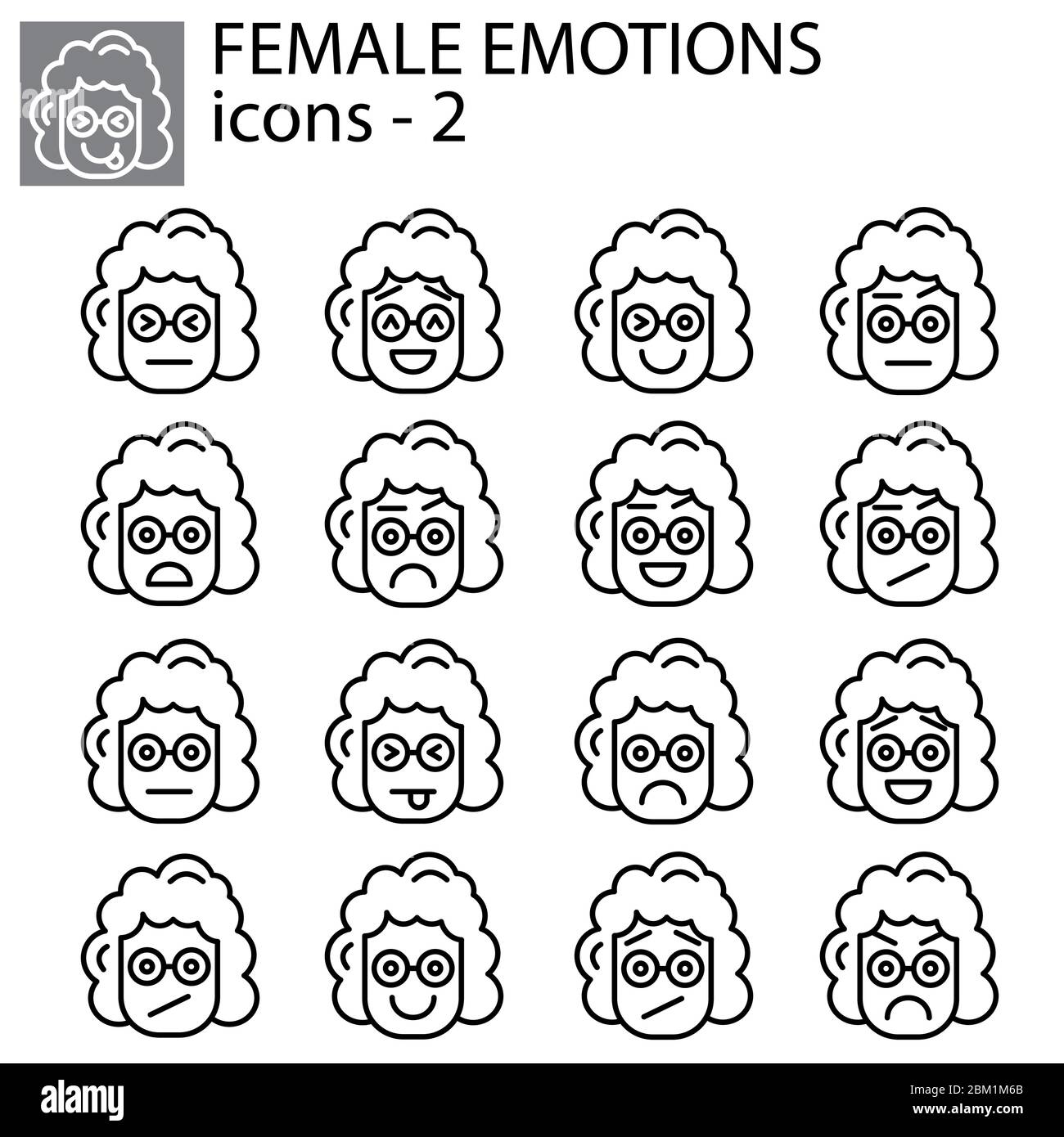 Jeu d'icônes vectorielles créatives - Emoticons femme. Ensemble d'icônes de fille smiley: Différentes émotions. Icônes vectorielles de smiley visages Illustration de Vecteur