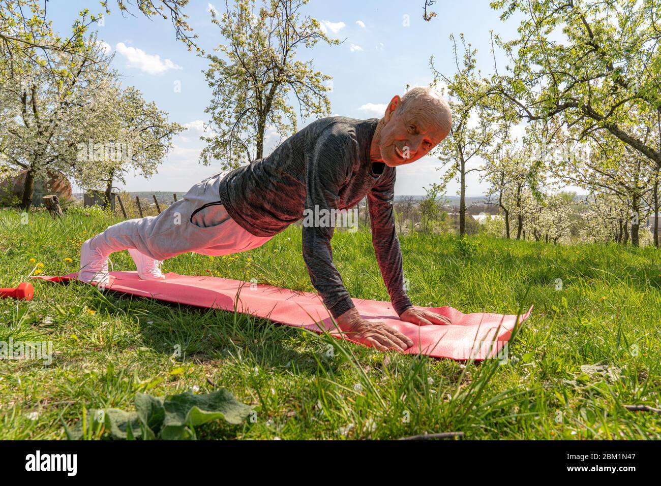 Homme âgé debout en position de planche sur l'herbe. Sportif musclé se penchée sur les mains, position horizontale. Banque D'Images