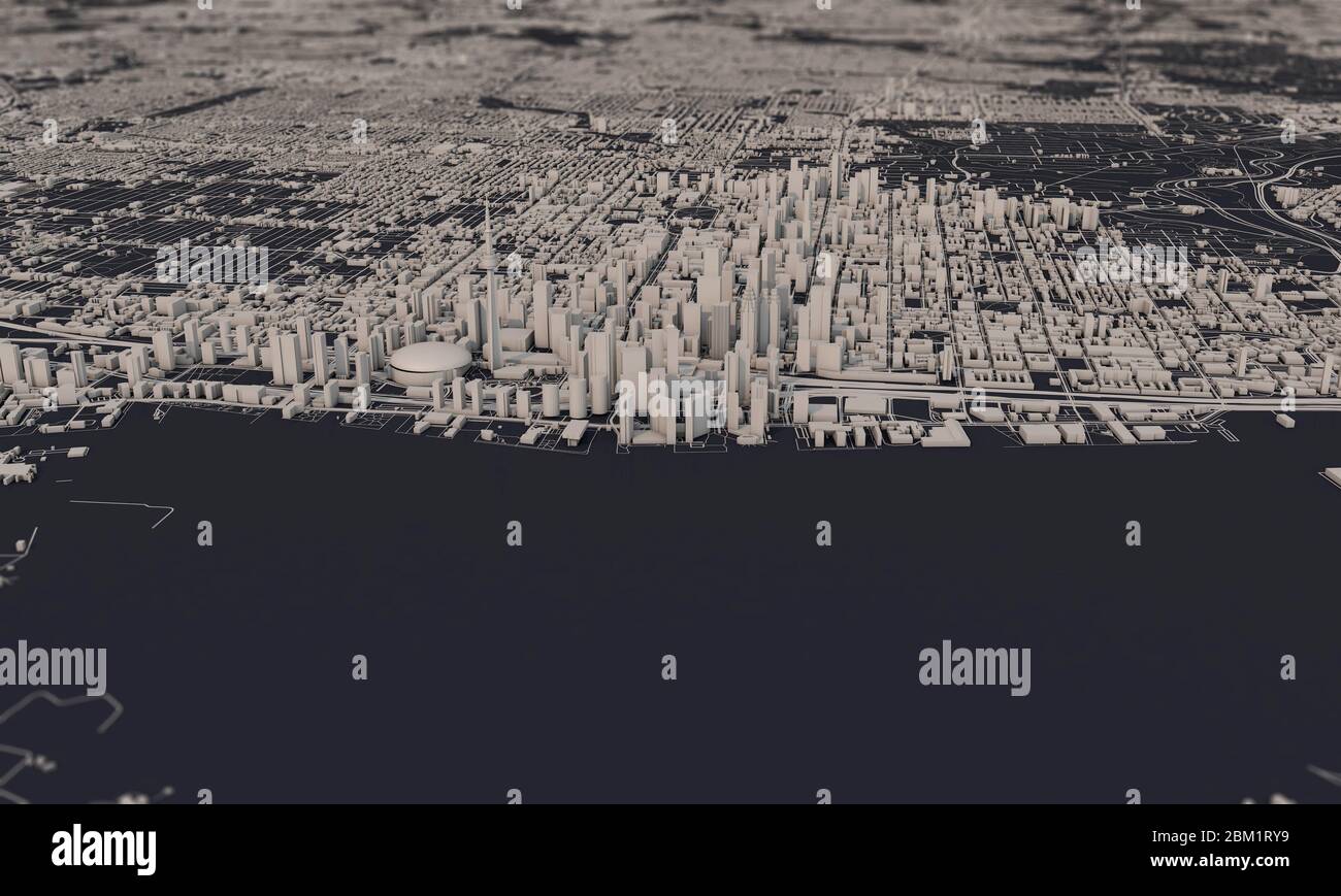 Toronto, Canada carte de la ville rendu 3D. Vue satellite aérienne. Banque D'Images