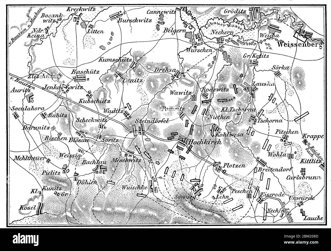 Plan de la bataille de Hochkirch, à la bataille de Hochkirch l'armée impériale autrichienne envahit le 14 octobre 1758 sous le commandement du maréchal Leopold Joseph Graf Daun dans une bataille de nuit le camp militaire prussien près de Bautzen, Situé à 10 km à l'est de la ville en direction de Görlitz, en Saxe, sept ans de guerre / Plan der Schlacht BEI Hochkirch, in der Schlacht BEI Hochkirch überfiel am 14. Oktober 1758 die Kaiserliche österreichische Armee unter dem Kommando von Feldmarschall Leopold Joseph Graf Daun in einem Nachtgecht das preußische Heerlager nahe Bautzen, liegt 10 km östlich der S. Banque D'Images