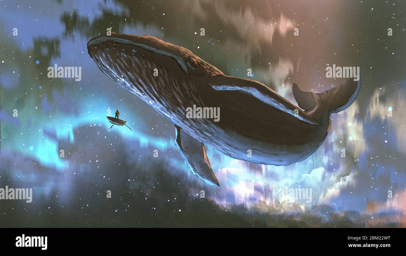 concept de voyage dans l'espace extérieur montrant un homme regardant la baleine géante volant dans le ciel magnifique, style d'art numérique, peinture d'illustration Banque D'Images