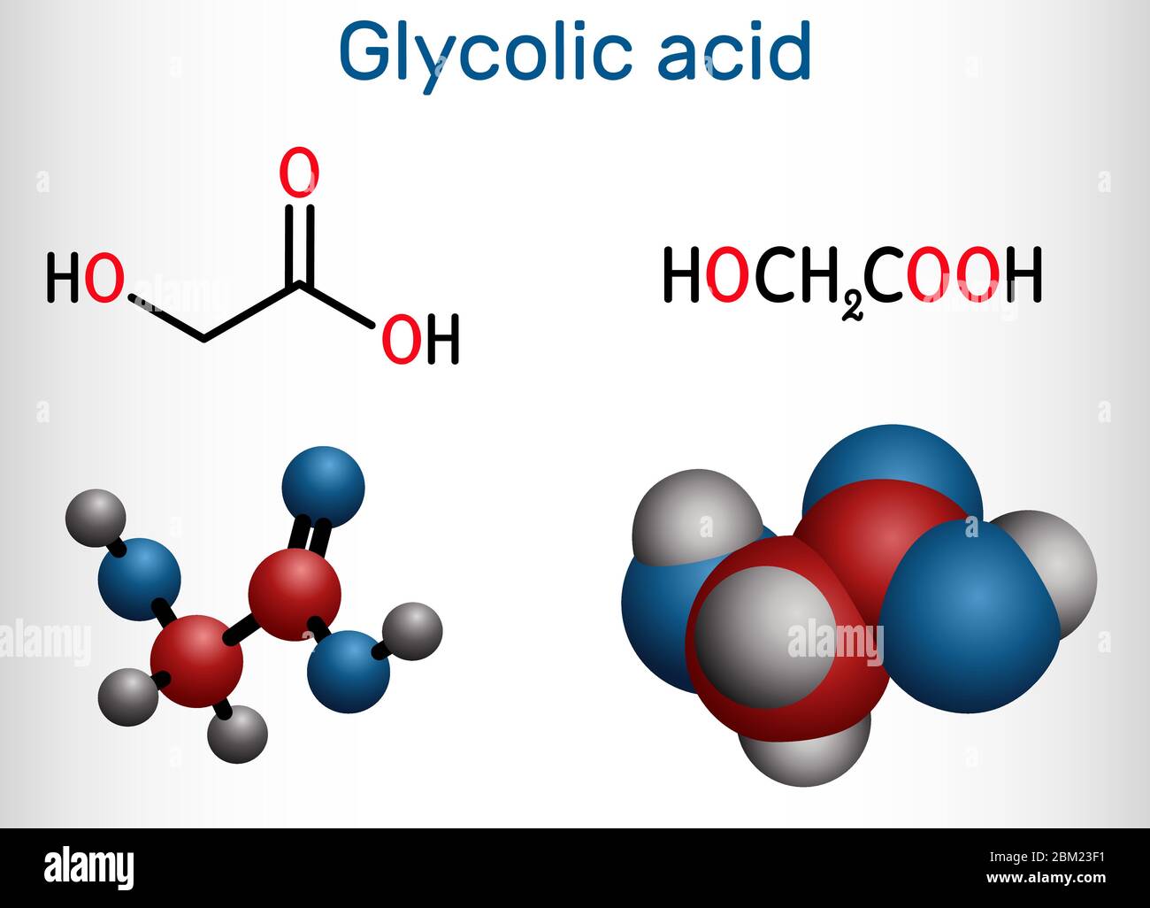 Acide glycolique, acide hydroacétique ou hydroxyacétique, molécule C2H4O3. C'est l'acide alpha-hydroxy, AHA. Formule chimique structurelle et modèle moléculaire. VEC Illustration de Vecteur