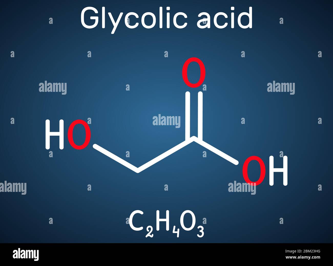 Acide glycolique, acide hydroacétique ou hydroxyacétique, molécule C2H4O3. C'est l'acide alpha-hydroxy, AHA. Formule chimique structurale sur le dos bleu foncé Illustration de Vecteur