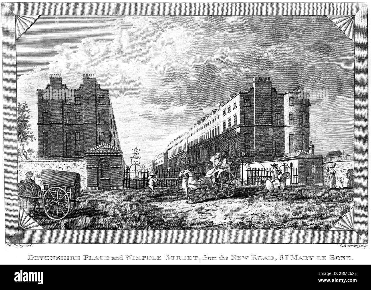 Gravure de Devonshire place et de Wimpole Street de la New Road, St Mary le Bone a scanné à haute résolution à partir d'un livre imprimé en 1827. Banque D'Images