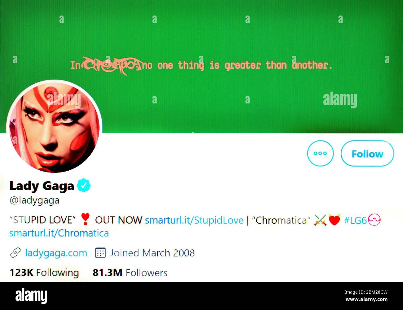 Page Twitter (mai 2020) : Lady Gaga (Stefani Joanne Angelina Germanotta) chanteuse, compositrice et actrice américaine Banque D'Images