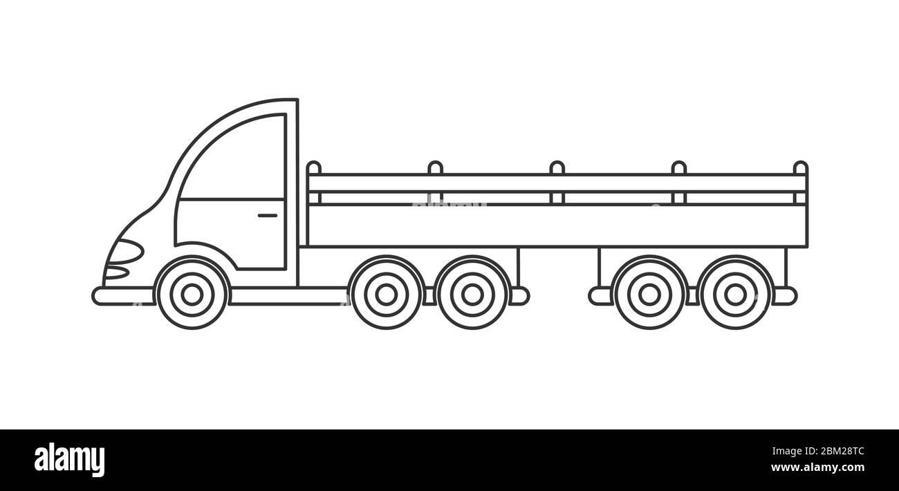 Icône vectorielle d'un tracteur avec remorque. Conception simple, contour vide isolé sur fond blanc. Conception de livres à colorier, de sites Web et d'applications Illustration de Vecteur