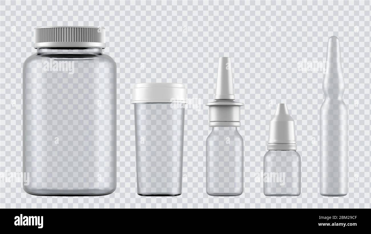 Flacons en verre démontant réalistes pour médicaments, comprimés, gouttes et vaporisateurs, etc. conteneurs médicaux en plastique blanc isolés sur fond transparent Illustration de Vecteur
