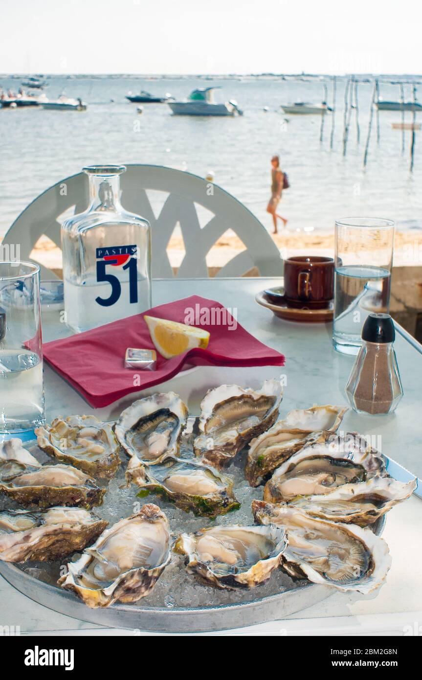 Cap Ferret, Gironde, Nouvelle-Aquitaine /France : une assiette d'huîtres dans un restaurant de la plage dans la baie d'Arcachon Banque D'Images